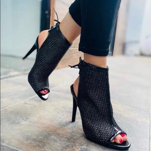 Sexy Black Peeptoe Rhinestone Mesh Strappy Lace Up High Heel Booties - Picture 2 of 4